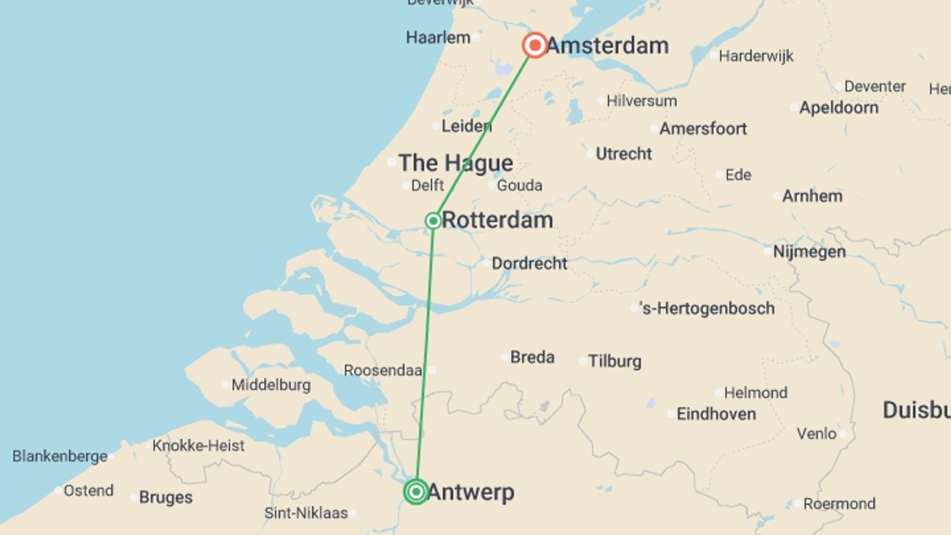 A map showing the tour itinerary for the trip: Springtime in Holland (port-to-port cruise), starting in Antwerp, Belgium and ending in Amsterdam, Holland going through 1 other destinations.
