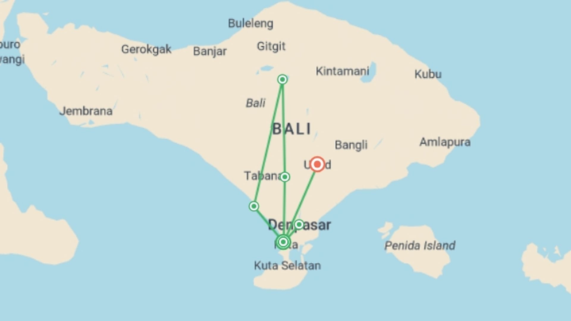 A map showing the tour itinerary for the trip: Enchanting Of Bali, Private Tour, starting in Kuta, Indonesia and ending in Ubud, Indonesia going through 0 other destinations.