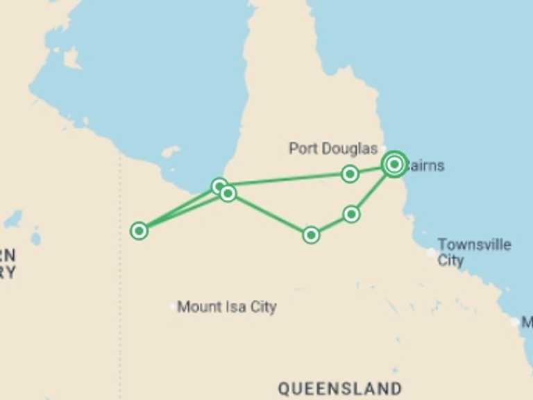 Map of Australia Tour with 8 destination visits for the trip: Gulf Savannah Wanderer