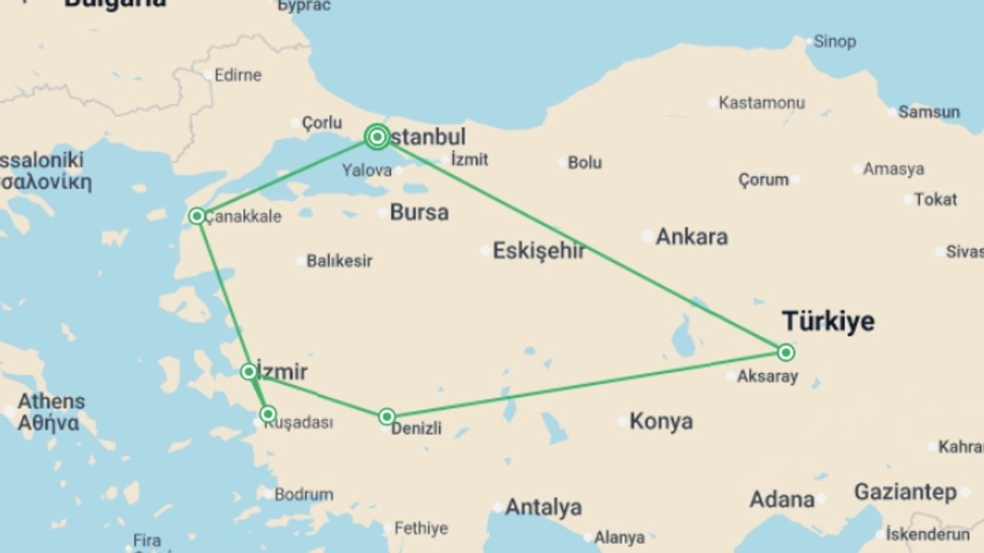 A map showing the tour itinerary for the trip: Turkey Encircled - 10 days, starting in Istanbul, Turkey and ending in Istanbul, Turkey going through 5 other destinations.