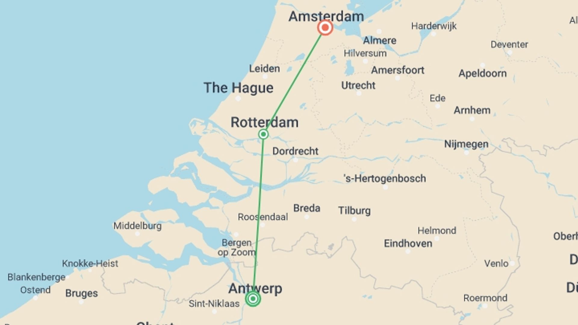 A map showing the tour itinerary for the trip: Springtime in Holland (port-to-port cruise), starting in Antwerp, Belgium and ending in Amsterdam, Holland going through 1 other destinations.