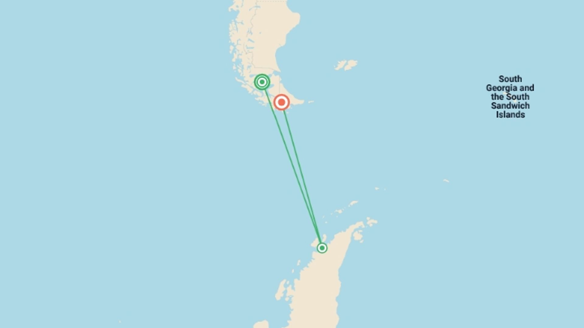 A map showing the tour itinerary for the trip: Antarctic Express: Fly South, Sail North, starting in Punta Arenas, Chile and ending in Ushuaia, Argentina going through 1 other destinations.