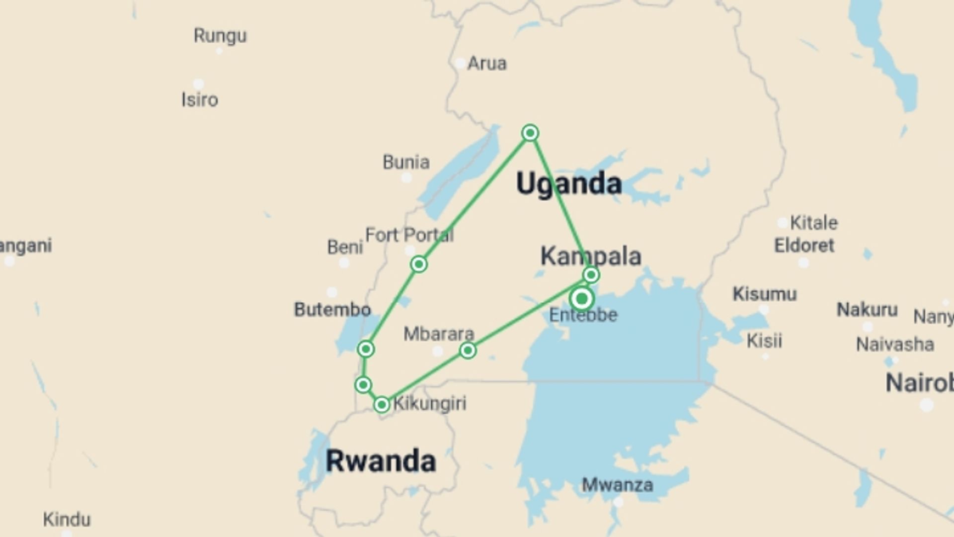 A map showing the tour itinerary for the trip: 15 days Uganda Wildlife and Activity Holiday, starting in Entebbe, Uganda and ending in Entebbe, Uganda going through 7 other destinations.