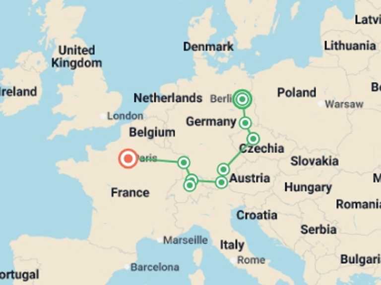 Map of Europe Tour with 5 destination visits for the trip: Magnificent Four
