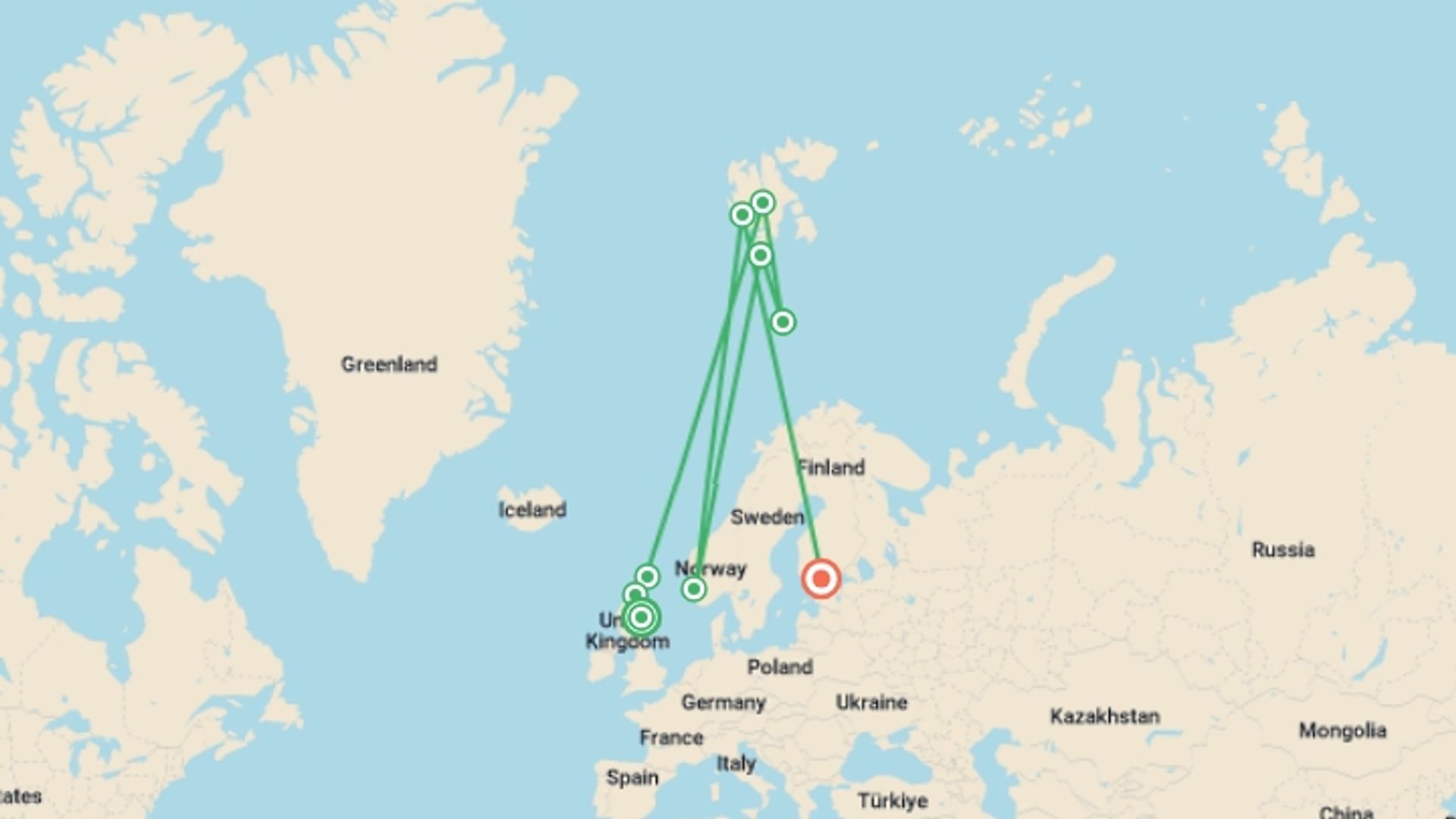 A map showing the tour itinerary for the trip: Scotland to Spitsbergen: Puffins, Sea Ice and Wildlife, starting in Aberdeen, Scotland and ending in Helsinki, Finland going through 7 other destinations.