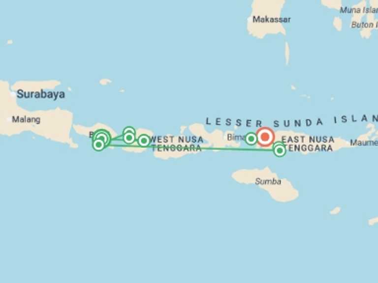 Map itinerary of Indonesia Tour in July 2027 with 9 destination visits for the trip: Bali to Flores: Trails, Tribal Villages & Dragon Lagoons