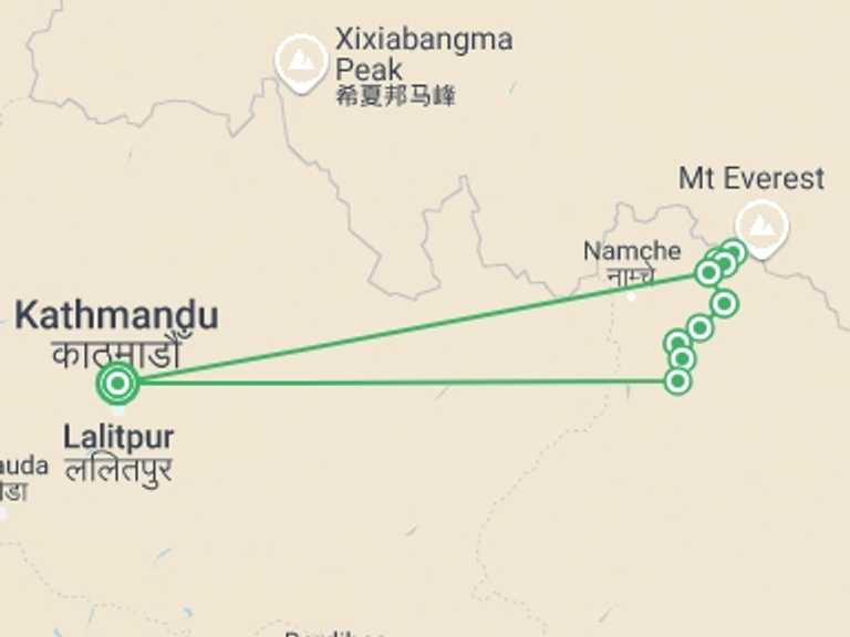 Map of 14-Day Everest Base Camp trek Tour with 9 destination visits for the trip: Everest Base Camp High Flyer in Comfort