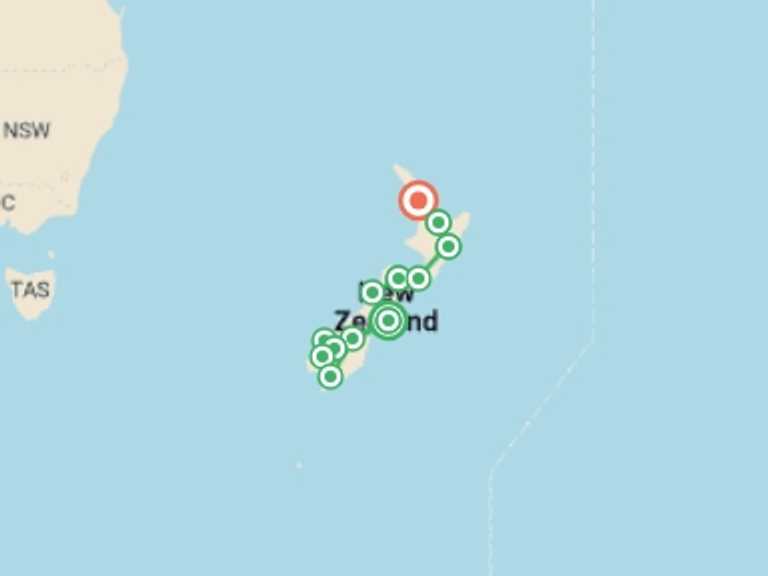 Map of New Zealand Local culture Tour with 12 destination visits for the trip: Essence of New Zealand