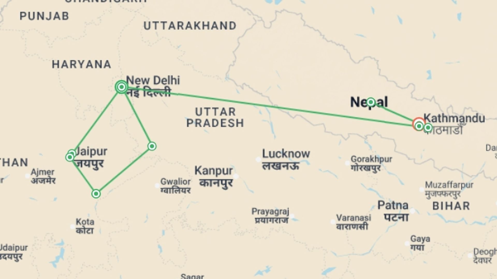 A map showing the tour itinerary for the trip: Golden Triangle, Tigers & Himalayas - 16 days, starting in New Delhi, India and ending in Kathmandu, Nepal going through 7 other destinations.