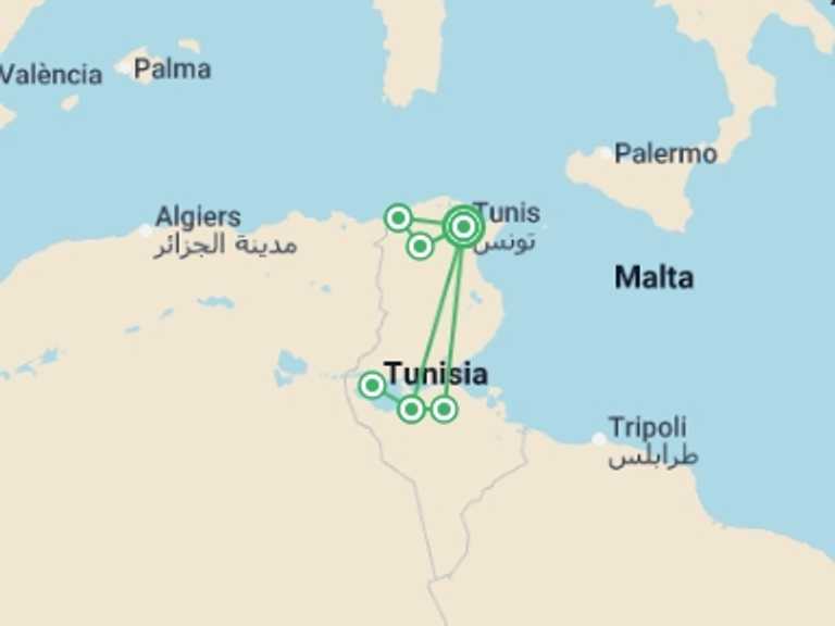Map of Africa Tour with 7 destination visits for the trip: Tunisia Encompassed