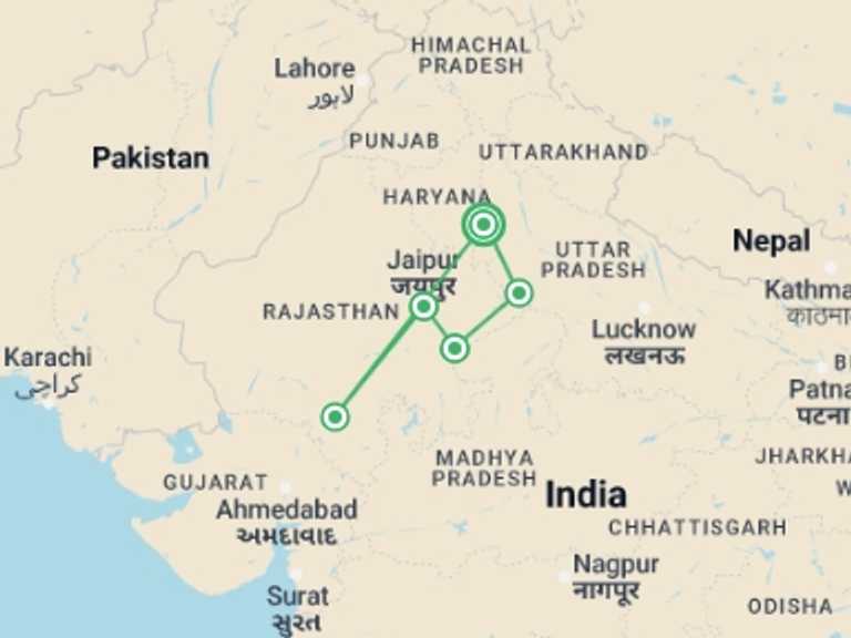 Map itinerary of New Delhi Tour in Fall with 6 destination visits for the trip: Legends of the Rajputs - 11 days