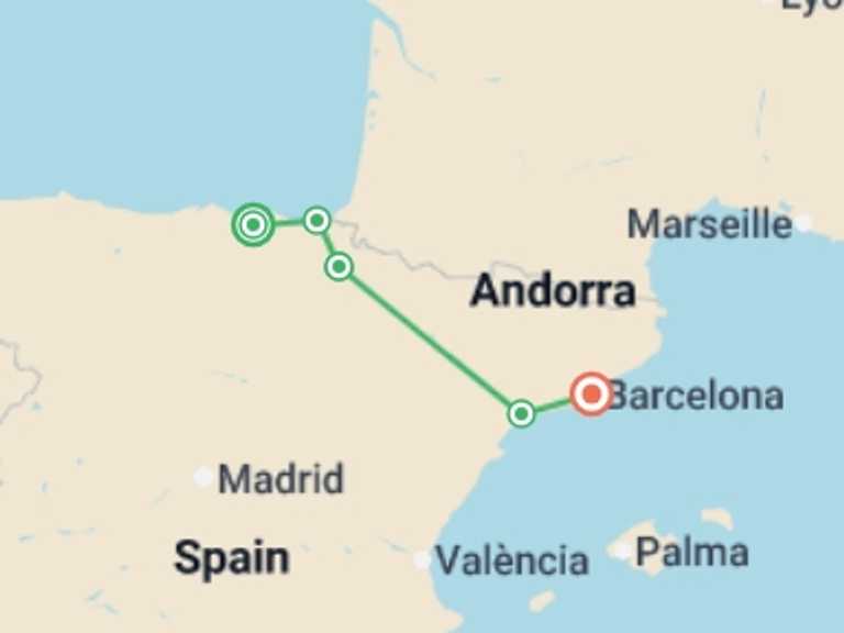 Map of Spain Tour with 5 destination visits for the trip: A Taste of Northern Spain - Catalonia and the Basque Country and Eclipse