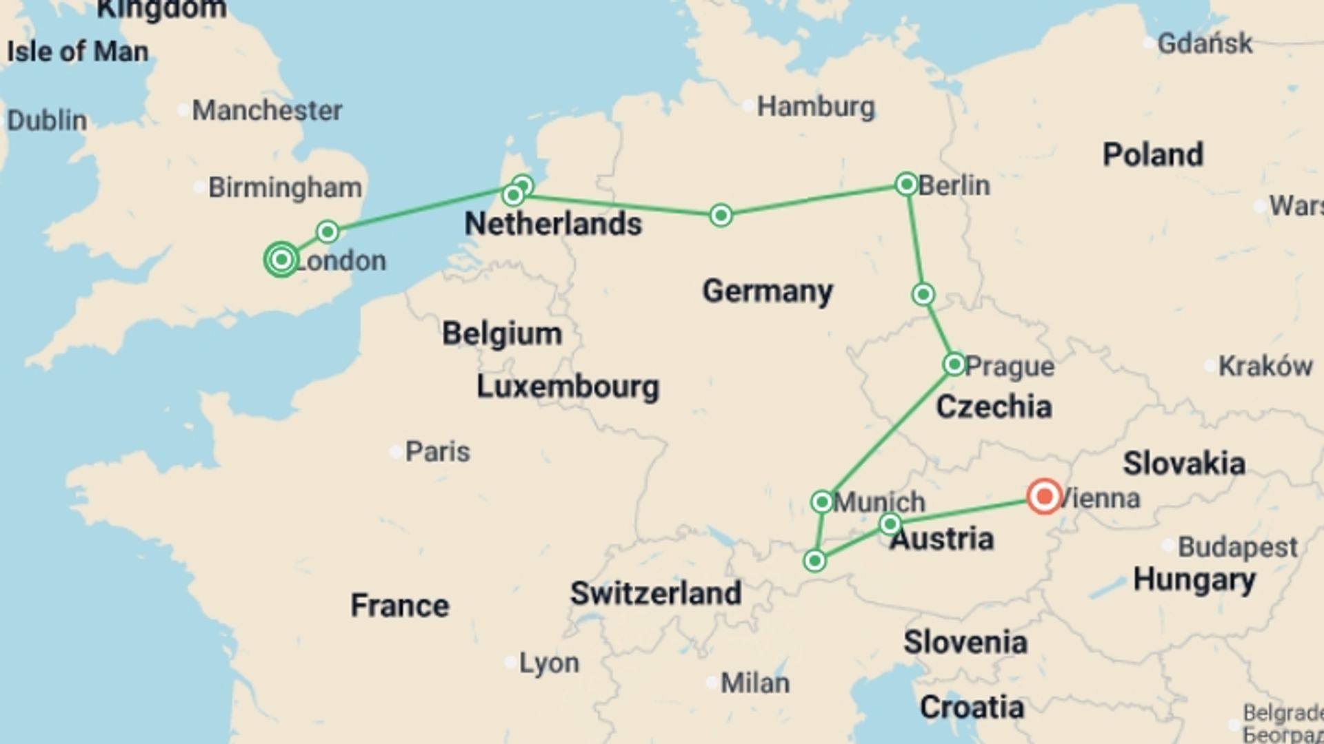 A map showing the tour itinerary for the trip: From London to Vienna, starting in London, England and ending in Vienna, Austria going through 6 other destinations.