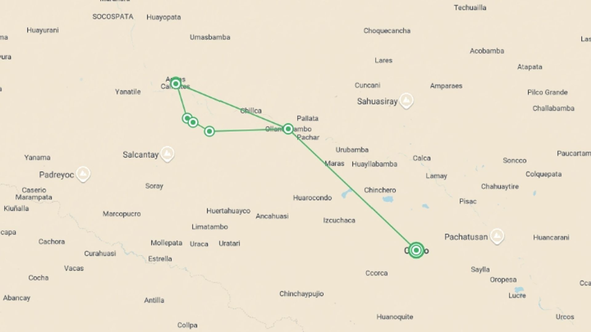 A map showing the tour itinerary for the trip: Inca Trail Trek to Machu Picchu 4D/3N, starting in Cusco, Peru and ending in Cusco, Peru going through 4 other destinations.