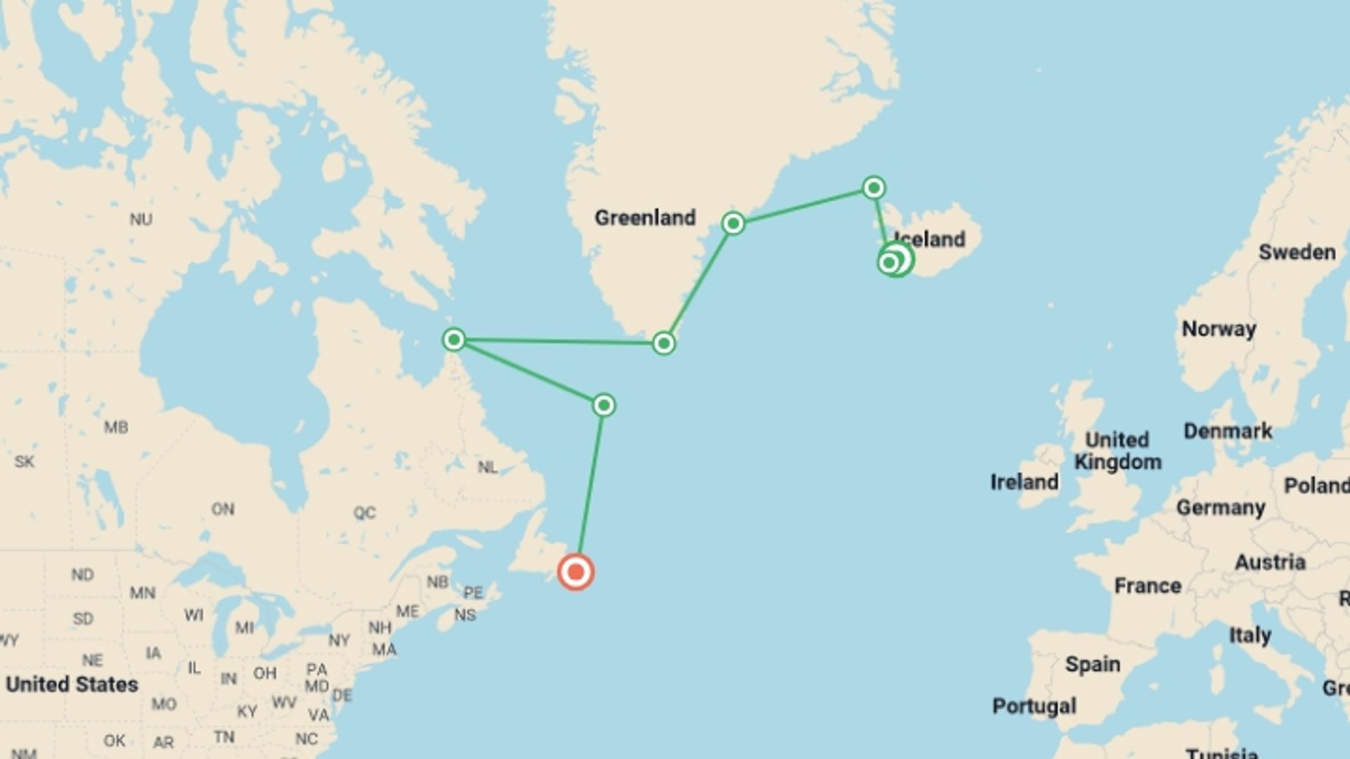 A map showing the tour itinerary for the trip: Across the North Atlantic: Iceland, Greenland & Labrador, starting in Keflavik, Iceland and ending in St. John's, Canada going through 6 other destinations.