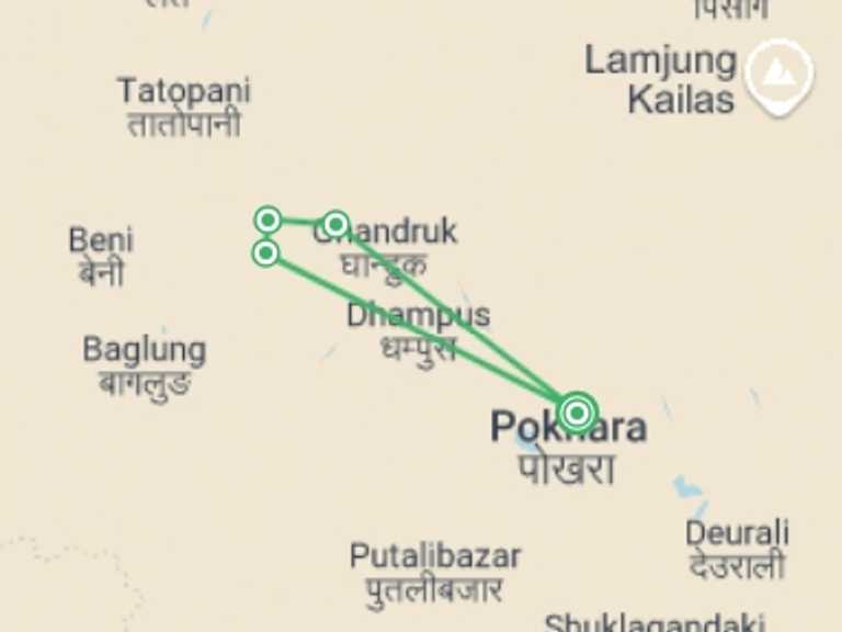 Map itinerary of Poonhill trek Tour in July 2027 with 6 destination visits for the trip: Poon Hill Trek - 4 days