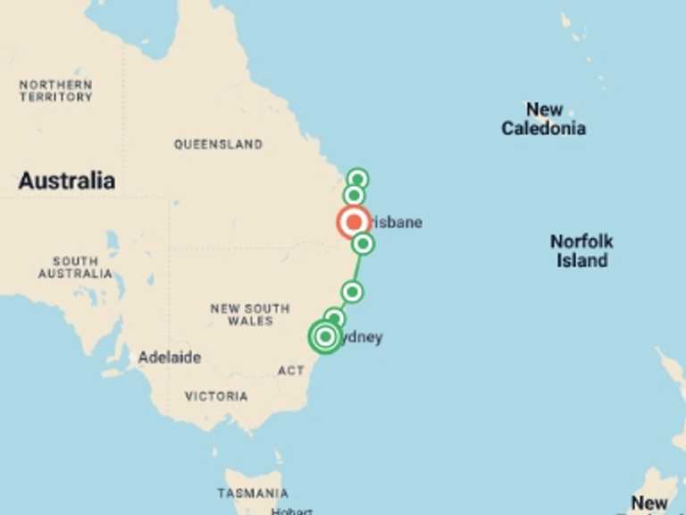 Map of Oceania Tour with 8 destination visits for the trip: Sydney to Brisbane Adventure - 8 days