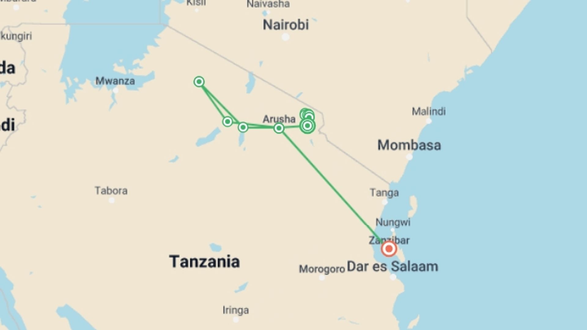 A map showing the tour itinerary for the trip: Kilimanjaro, Serengeti & Zanzibar, starting in Moshi, Tanzania and ending in Zanzibar, Tanzania going through 10 other destinations.