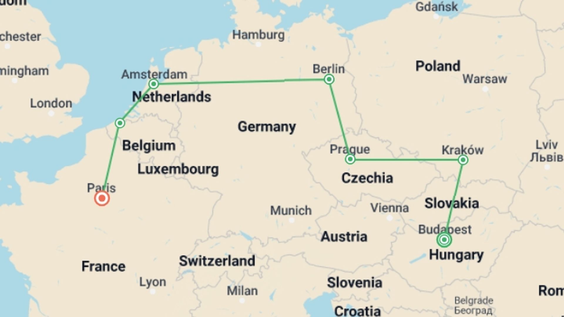 A map showing the tour itinerary for the trip: Budapest to Paris: Bike Tours & Belgian Waffles, starting in Budapest, Hungary and ending in Paris, France going through 5 other destinations.