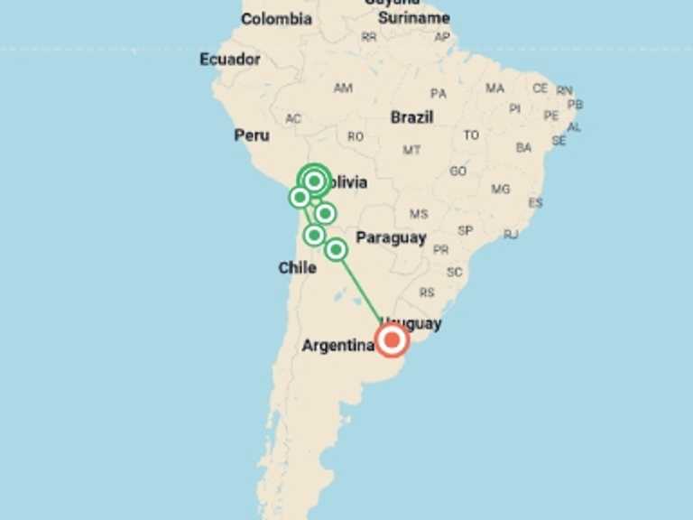 Map of San Pedro De Atacama Adventure Tour with 6 destination visits for the trip: Real Bolivia & Argentina