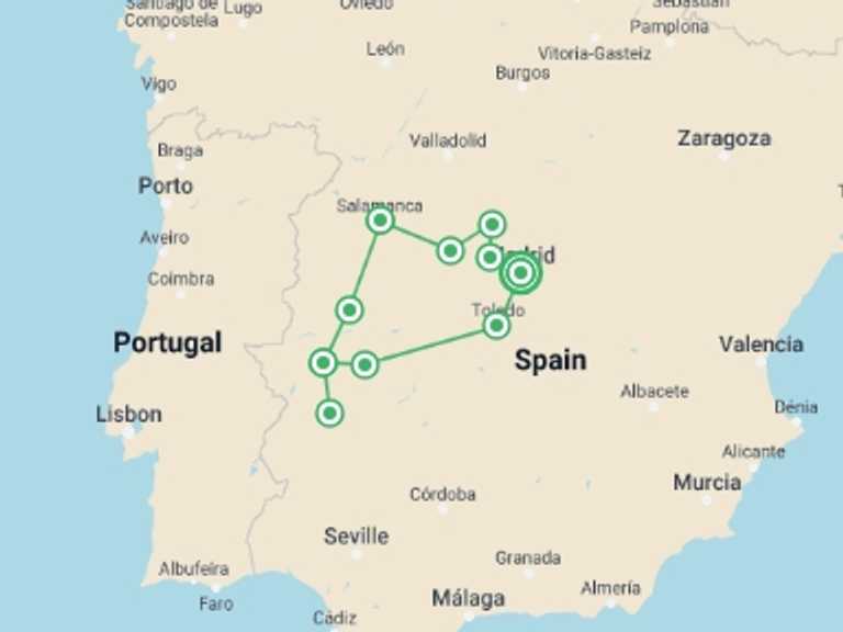 Map itinerary of Spain Tour in February 2026 with 5 destination visits for the trip: Heart Of Spain, Self-drive