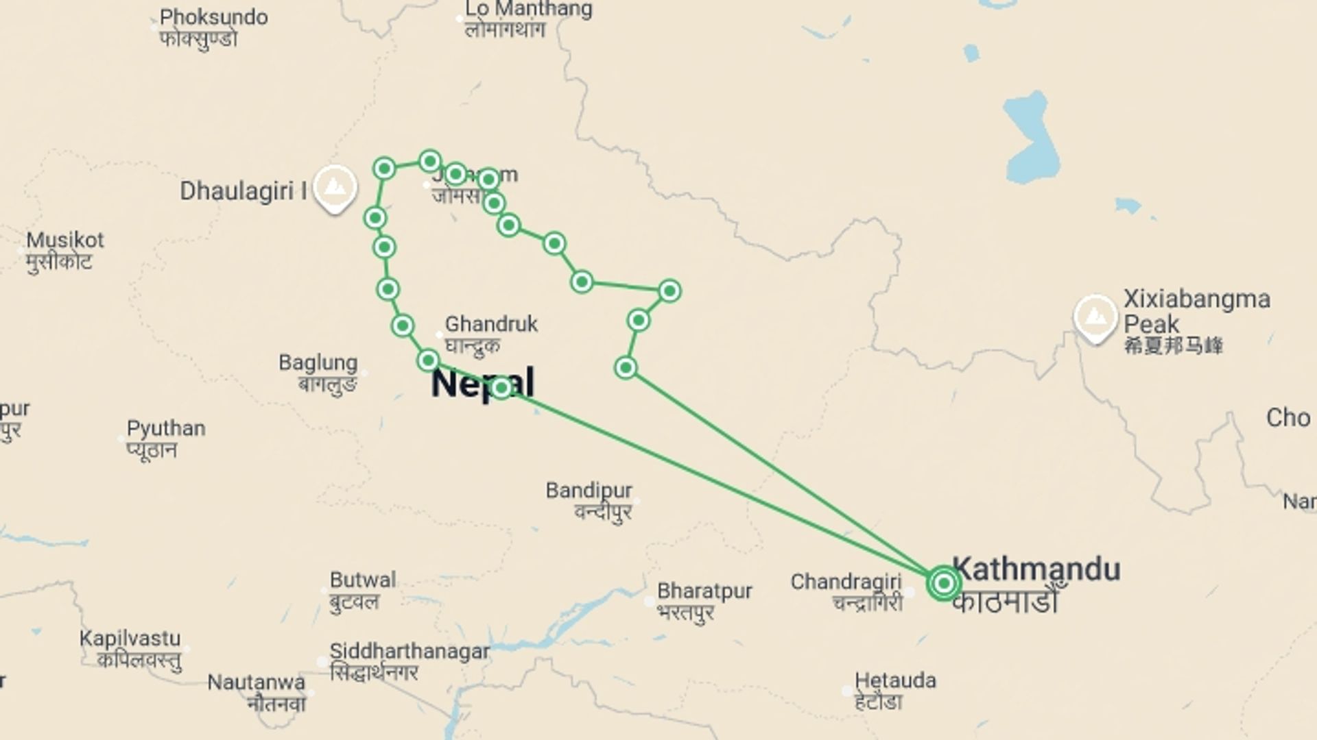 A map showing the tour itinerary for the trip: Annapurna Circuit Trek, starting in Kathmandu, Nepal and ending in Kathmandu, Nepal going through 17 other destinations.