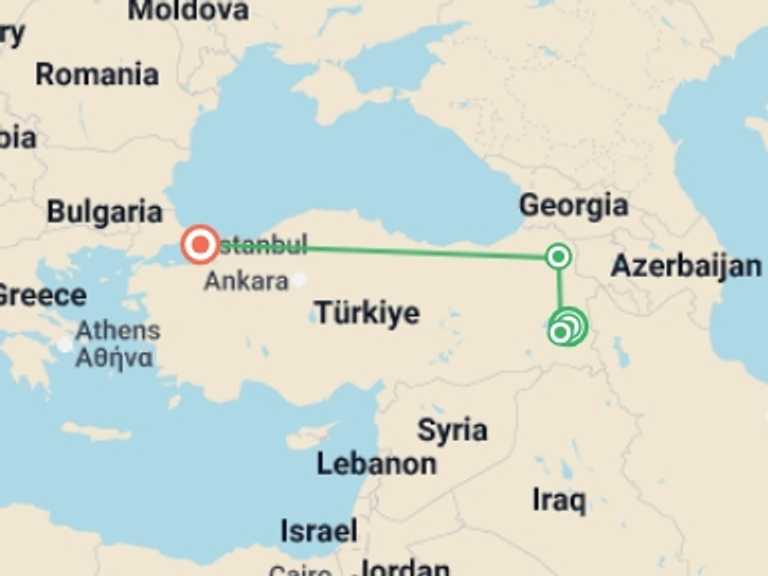 Map of 6-Day Istanbul Tour with 4 destination visits for the trip: Lake Van & Mount Ararat to Istanbul - 6 days