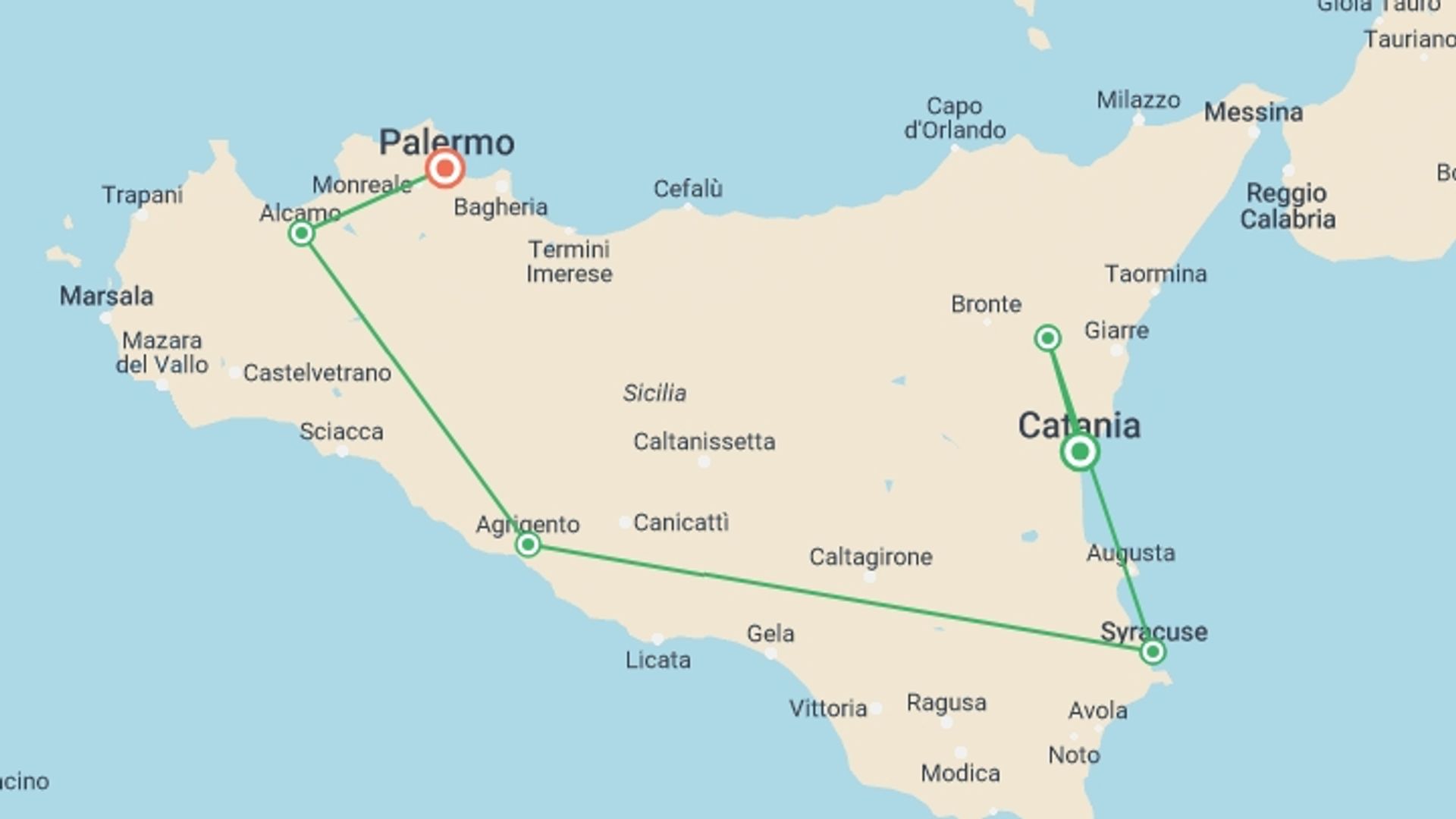 A map showing the tour itinerary for the trip: Flavours of Sicily, starting in Catania, Italy and ending in Palermo, Italy going through 5 other destinations.