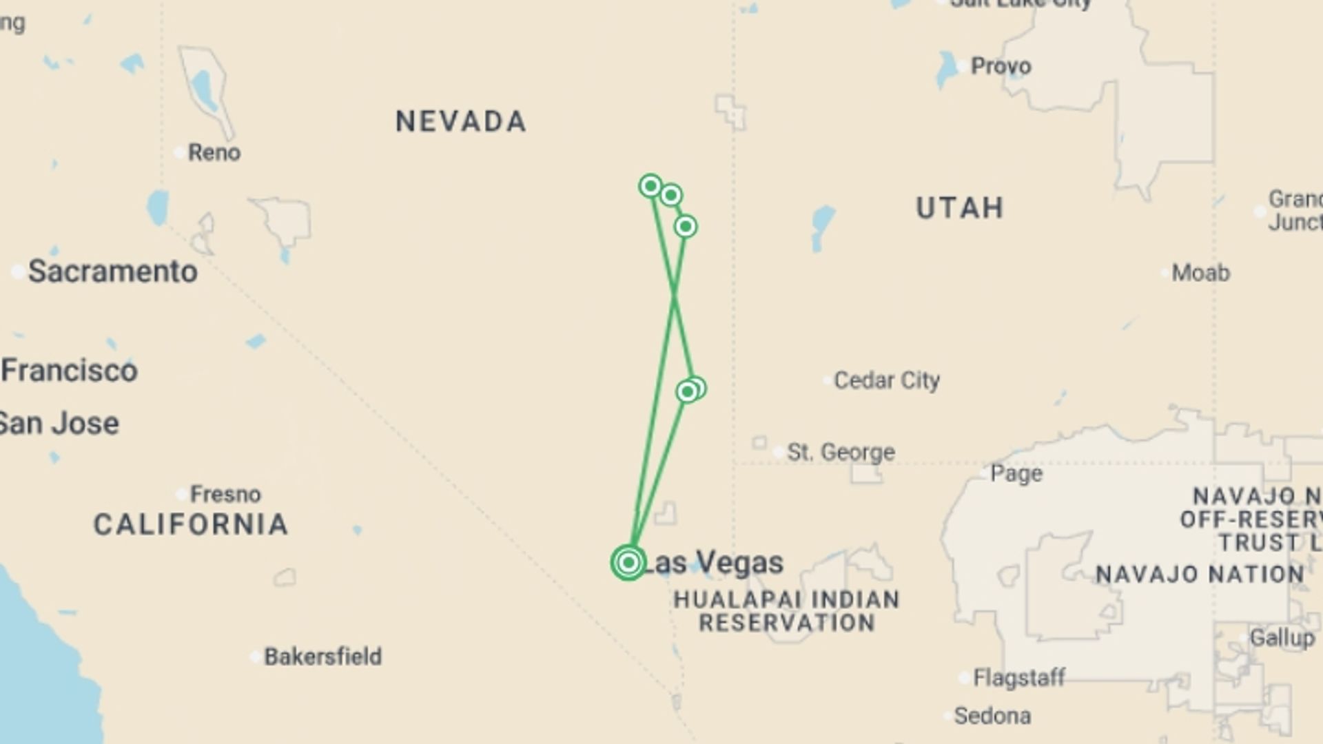 A map showing the tour itinerary for the trip: Nevada Hiking, Biking & Railroads - 7 days, starting in Las Vegas, USA and ending in Las Vegas, USA going through 5 other destinations.