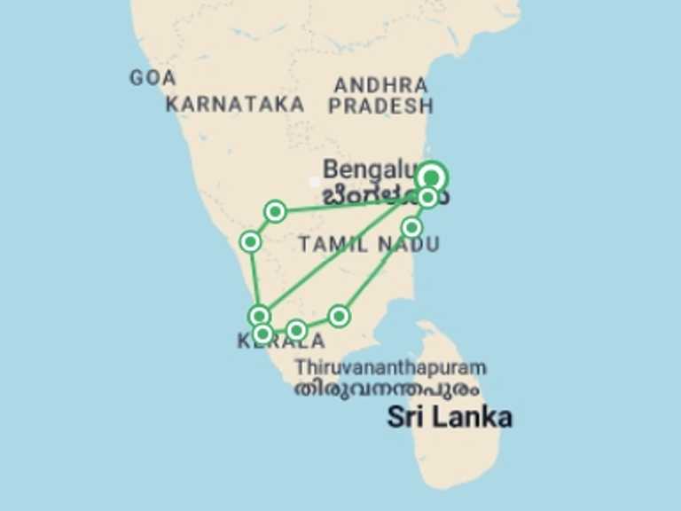 Map of Asia Tour with 9 destination visits for the trip: Best of Southern India