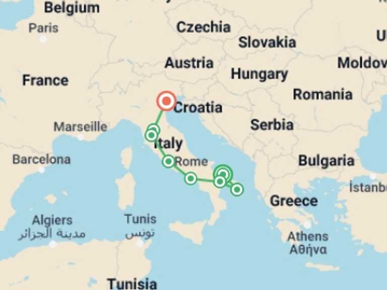 Map of 15-Day Europe Tour with 9 destination visits for the trip: Premium Italy in Depth