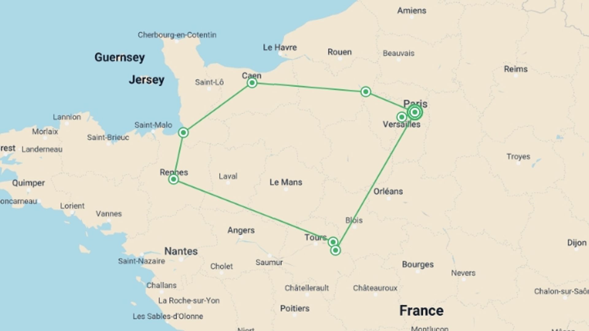 A map showing the tour itinerary for the trip: Highlights of Paris Normandy and the Loire Valley, starting in Paris, France and ending in Paris, France going through 5 other destinations.