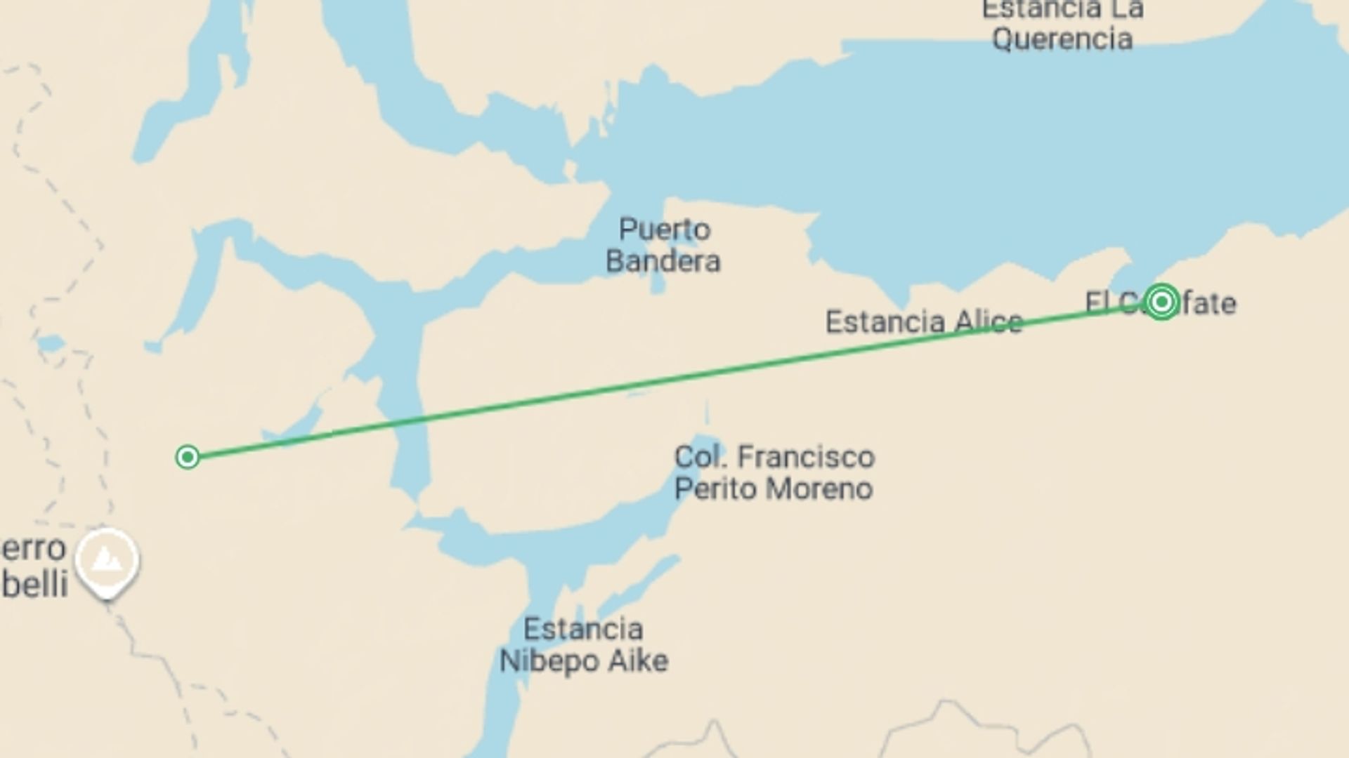 A map showing the tour itinerary for the trip: 4-day Classic El Calafate: Perito Moreno, French Or German-speaking Guide, starting in El Calafate, Argentina and ending in El Calafate, Argentina going through 1 other destinations.