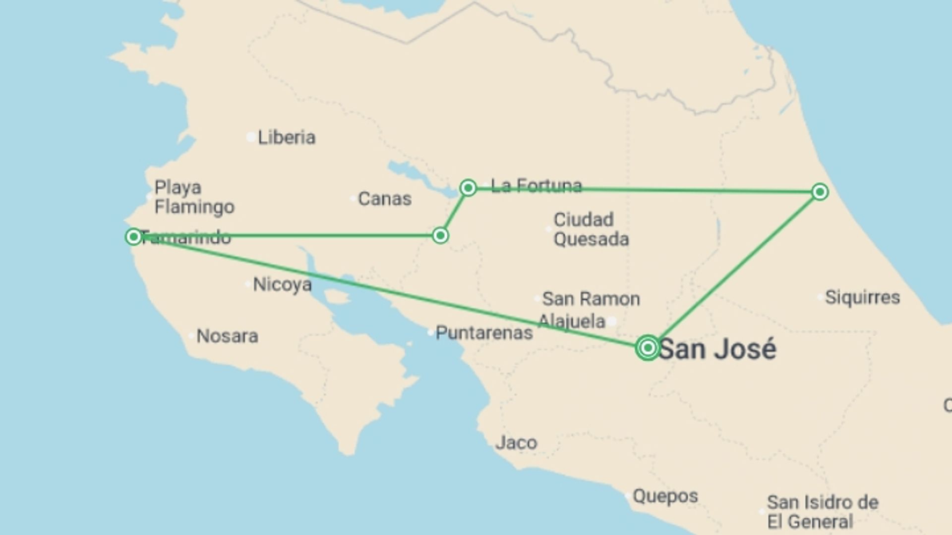 A map showing the tour itinerary for the trip: Pura Vida Experience, starting in San Jose, Costa Rica and ending in San Jose, Costa Rica going through 4 other destinations.