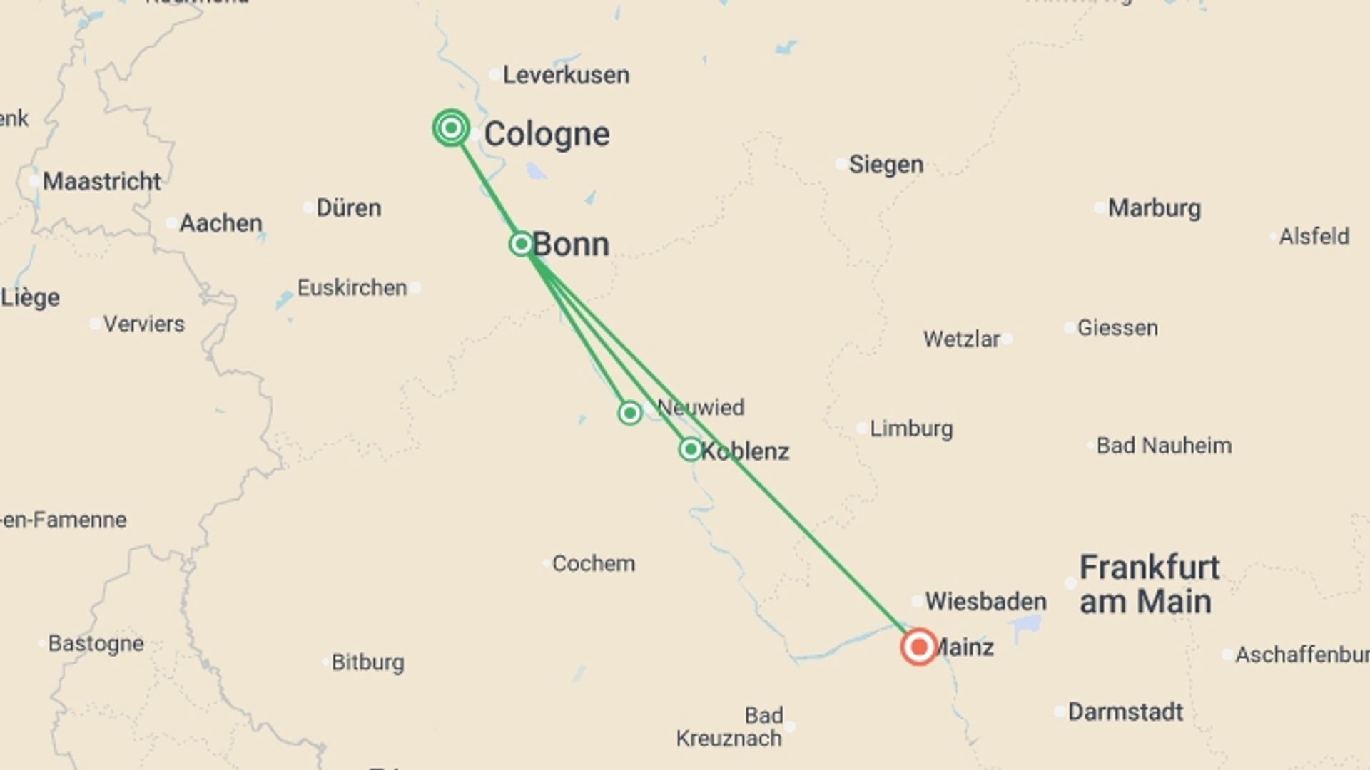 A map showing the tour itinerary for the trip: Cologne to Mainz by Bike and Barge, starting in Cologne, Germany and ending in Mainz, Germany going through 3 other destinations.