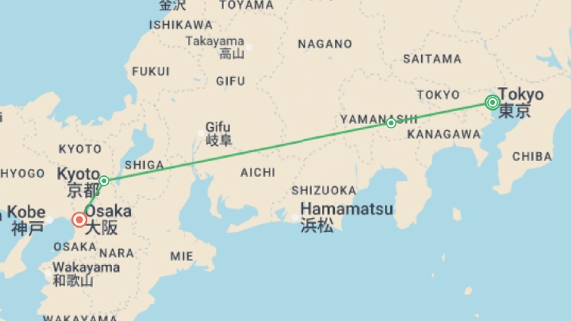A map showing the tour itinerary for the trip: Essential Japan, starting in Tokyo, Japan and ending in Osaka, Japan going through 2 other destinations.