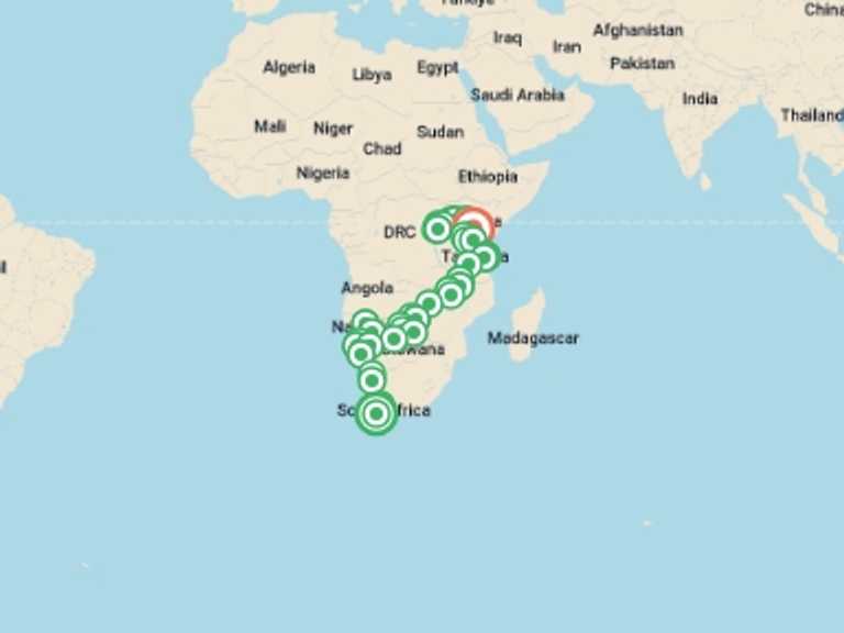 Map itinerary of Africa Tour in April 2027 with 39 destination visits for the trip: Absolute Africa Overland Safari & Participation Camping