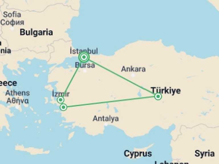 Map itinerary of Istanbul Tour in September 2027 with 4 destination visits for the trip: Ephesus, Cappadocia & Istanbul Tour: 6 Days
