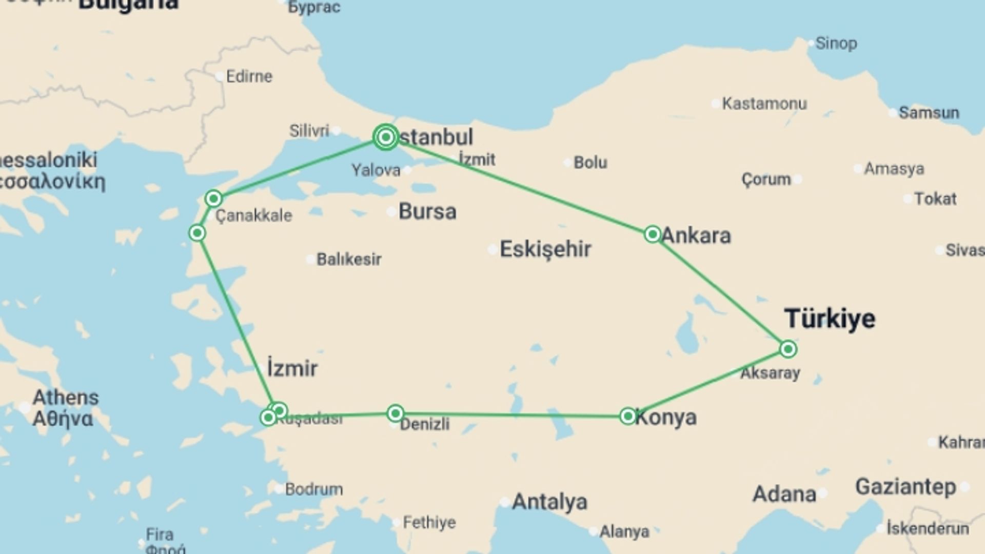 A map showing the tour itinerary for the trip: ANZAC Day - Major Tour, starting in Istanbul, Turkey and ending in Istanbul, Turkey going through 7 other destinations.