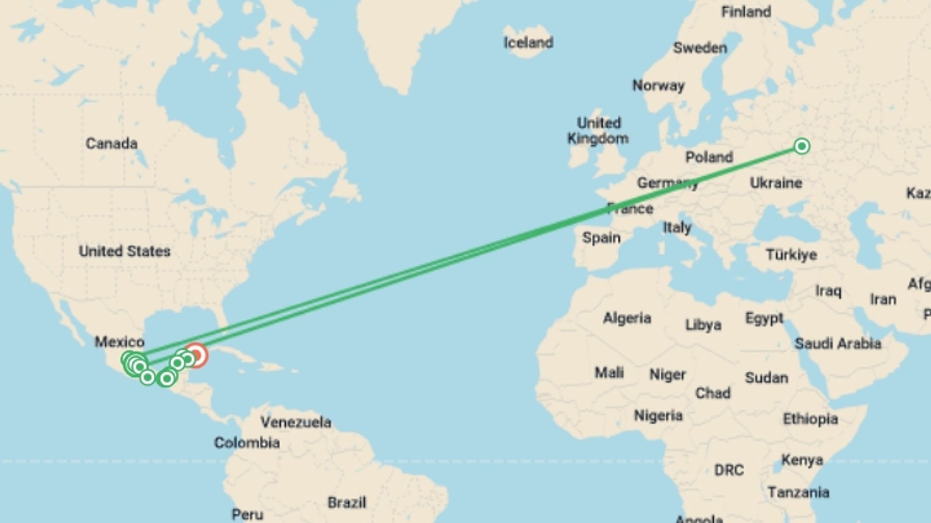 A map showing the tour itinerary for the trip: Mexican Roots and Routes, starting in Mexico City, Mexico and ending in Cancún, Mexico going through 9 other destinations.