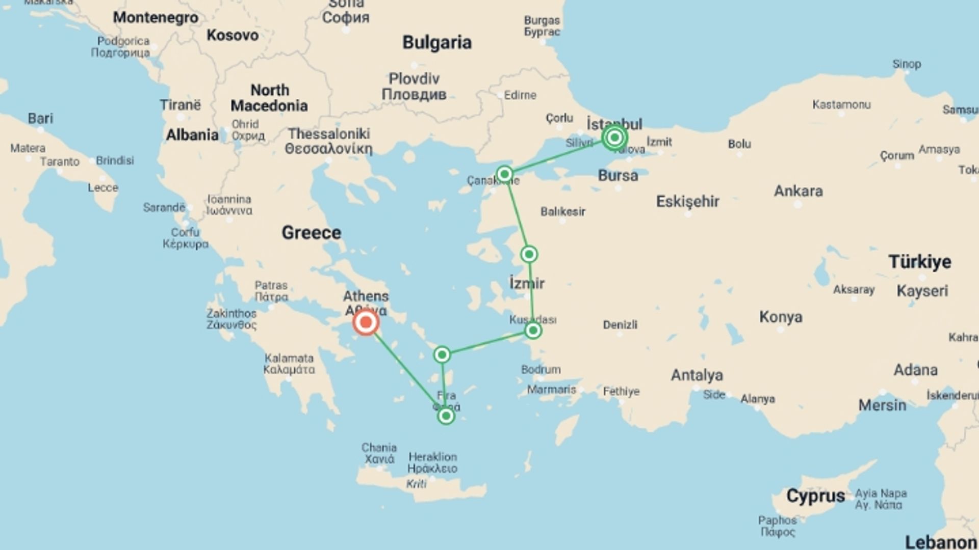 A map showing the tour itinerary for the trip: Constantinople To Hellas Tour, starting in Istanbul, Turkey and ending in Athens, Greece going through 8 other destinations.