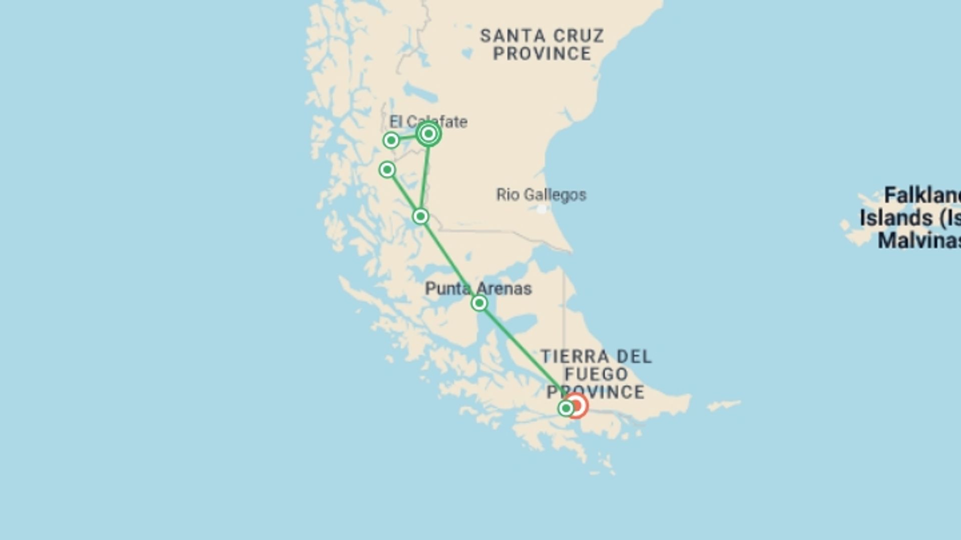 A map showing the tour itinerary for the trip: El Calafate, Torres del Paine & Ushuaia, starting in El Calafate, Argentina and ending in Ushuaia, Argentina going through 7 other destinations.
