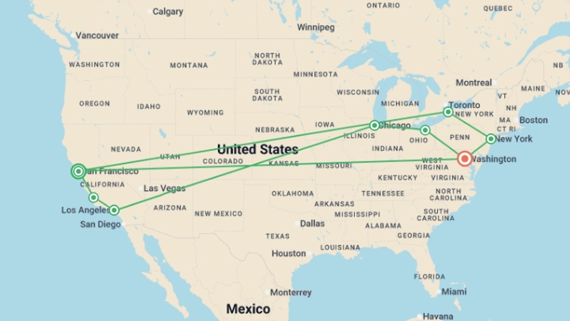 A map showing the tour itinerary for the trip: California Coast, Chicago, and NY, Ending in Washington, starting in San Francisco, USA and ending in Washington D.C., USA going through 6 other destinations.