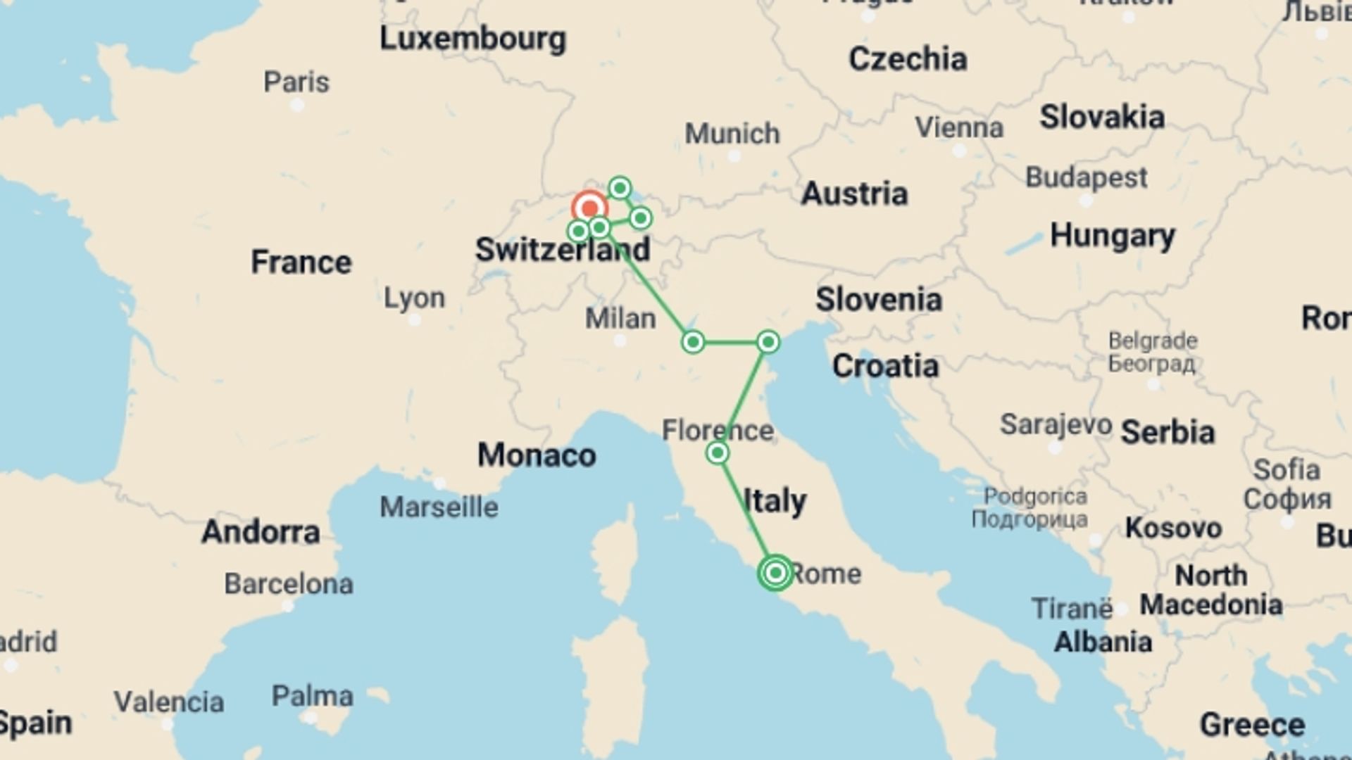 A map showing the tour itinerary for the trip: Essential Italy and Switzerland, starting in Rome, Italy and ending in Zurich, Switzerland going through 5 other destinations.
