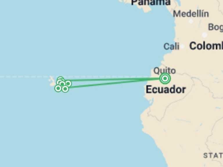 Map itinerary of Quito Tour in March 2026 with 7 destination visits for the trip: Galápagos — Central, South & East Islands aboard the Yolita