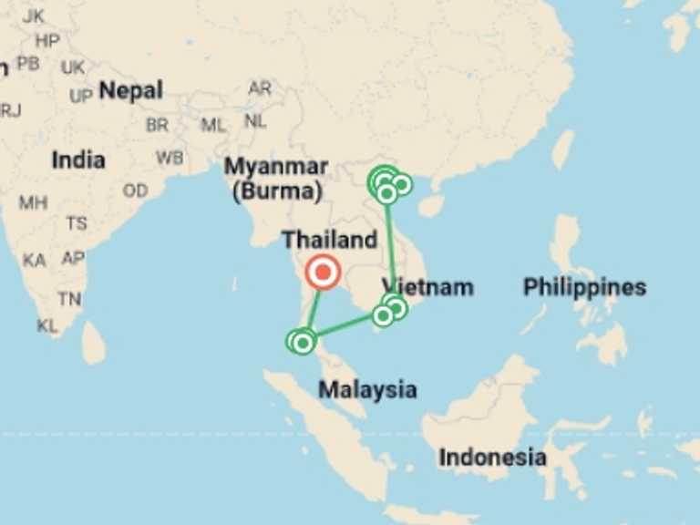 Map itinerary of Bangkok Tour in February 2026 with 7 destination visits for the trip: Highlights of Vietnam and Thailand