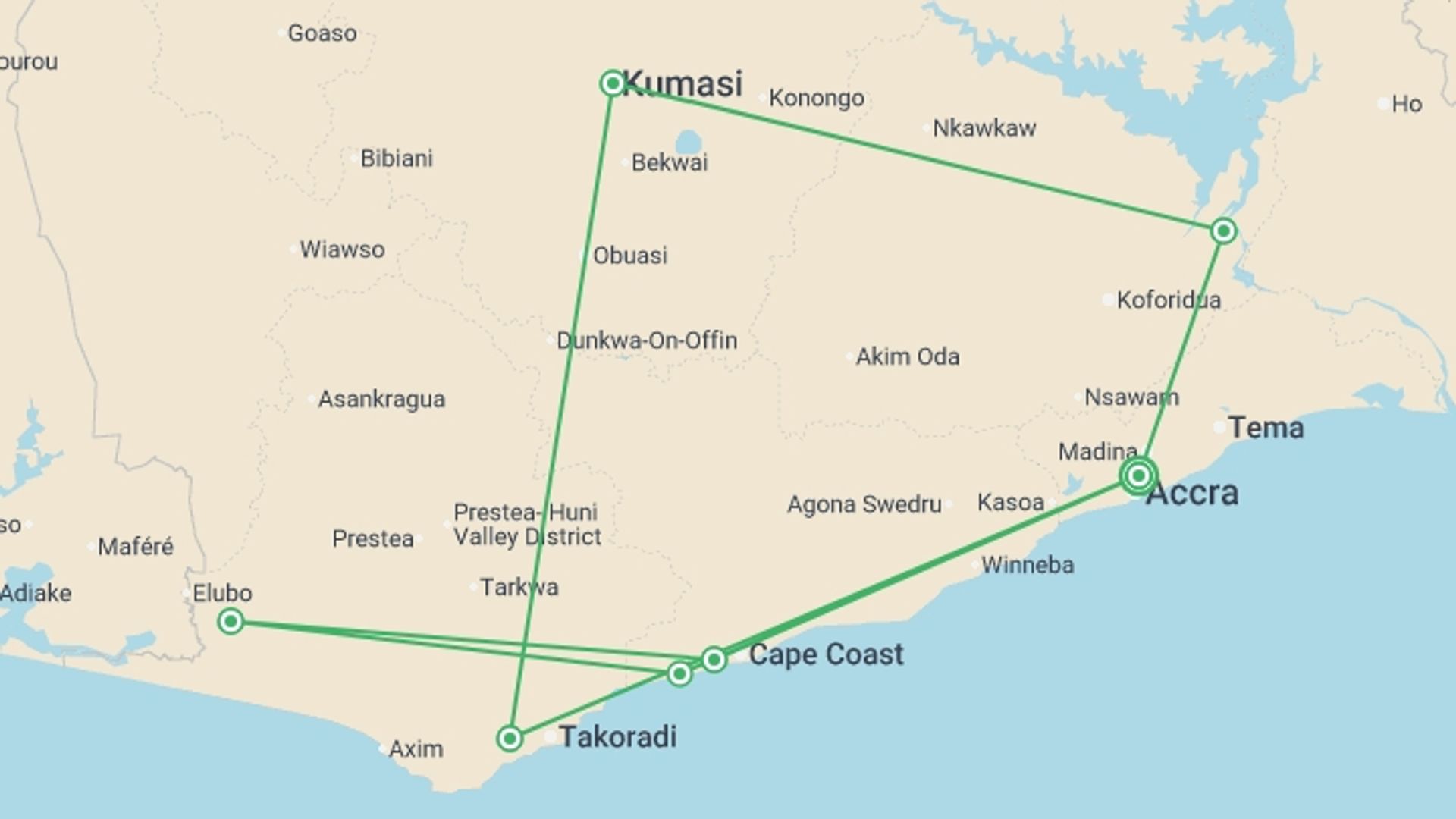 A map showing the tour itinerary for the trip: Complete Ghana: The Beauty of Travelling West Africa, starting in Accra, Ghana and ending in Accra, Ghana going through 6 other destinations.