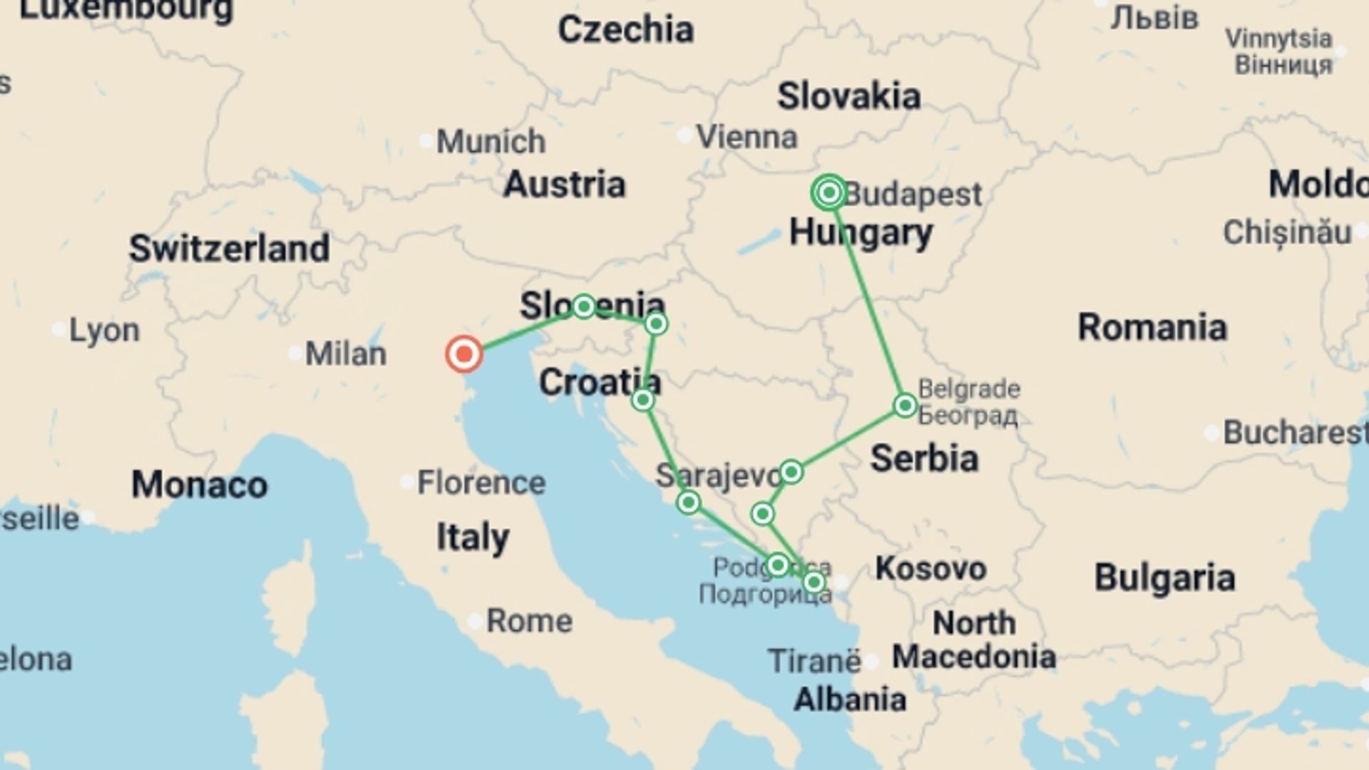 A map showing the tour itinerary for the trip: Budapest to Venice, starting in Budapest, Hungary and ending in Venice, Italy going through 9 other destinations.