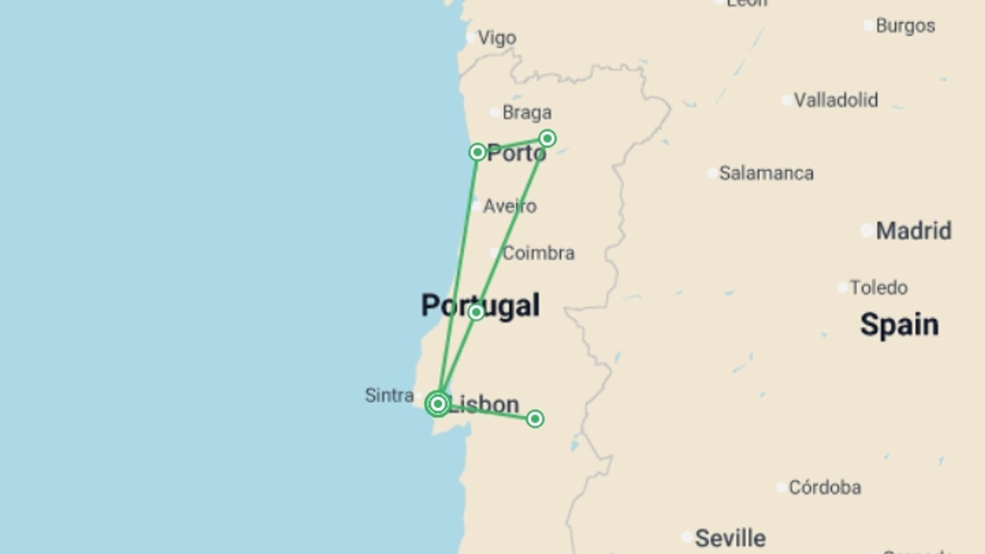 A map showing the tour itinerary for the trip: Best of Portugal Small Group Tour, starting in Lisbon, Portugal and ending in Lisbon, Portugal going through 4 other destinations.