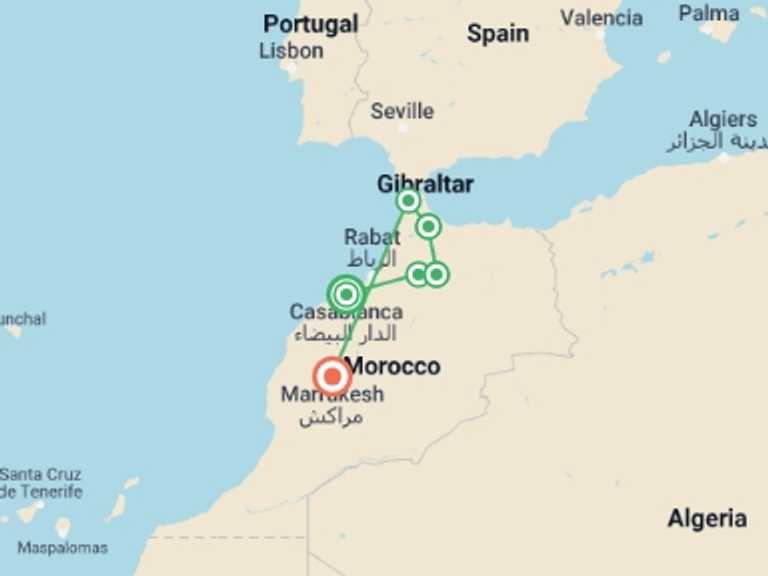 Map of Marrakech Tour with 6 destination visits for the trip: North Morocco Adventure